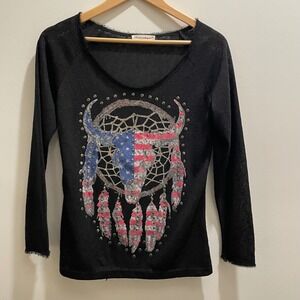 Americal Clothing Inc Black Studded Bull Skull Dreamcatcher Top S/M Americana